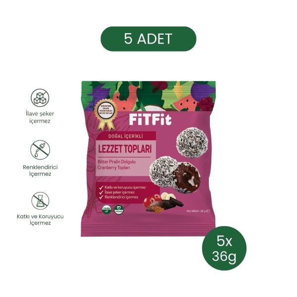 FitFit Cranberry Meyve Topları, Doğal Atıştırmalık 36gr X 5 ADET