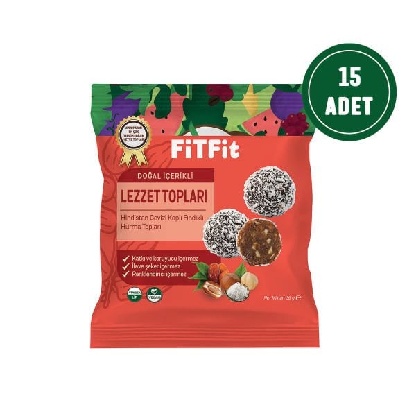 FitFit Coconut Coated Date Nut Fruit Balls Gluten Free, Natural Snack 36gr X 15 PCS