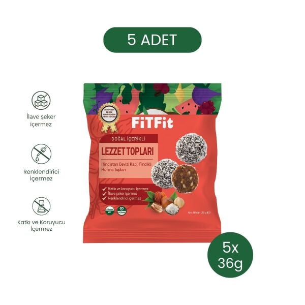 FitFit Hindistan Cevizi Kaplı Hurma Fındık Meyve Topları, Doğal Atıştırmalık 36gr X 5 ADET