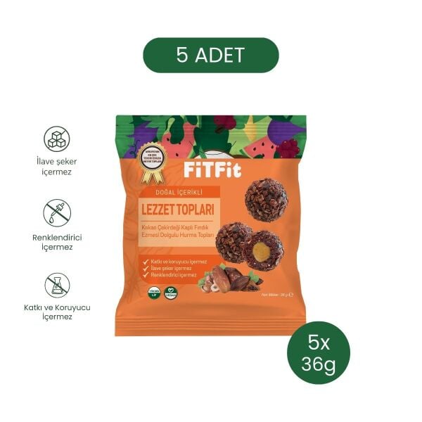 FitFit Kakao Çekirdeği Kaplı Fındık Ezmesi Dolgulu Hurma Meyve Topları, Doğal Atıştırmalık 36gr X 5