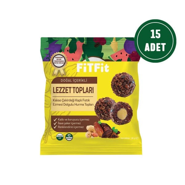 FitFit Cocoa Bean Coated Date Fruit Balls Filled with Peanut Butter Gluten-Free, Natural Snack 36gr X 15 PCS