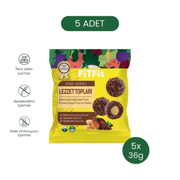 FitFit Kakao Çekirdeği Kaplı Fıstık Ezmesi Dolgulu Hurma Meyve Topları, Doğal Atıştırmalık 36gr X 5