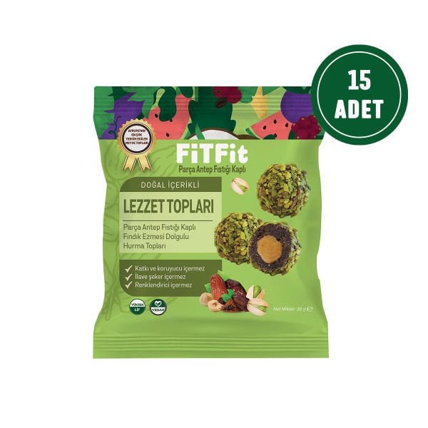 FitFit Pistachio and Peanut Butter Filled Date Fruit Balls Gluten Free, Natural Snack 36GR X 15 PIECES
