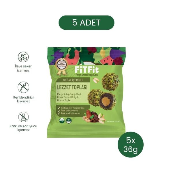 FitFit Antep Fıstıklı ve Fıstık Ezmesi Dolgulu Hurmalı Meyve Topları, Doğal Atıştırmalık 36GR X 5 A