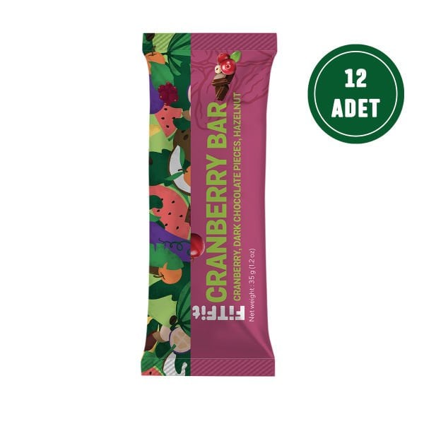 FitFit Cranberry Bitter Çikolata Parçacıklı Bar Glutensiz, Doğal Atıştırmalık 35GR X 12 ADET
