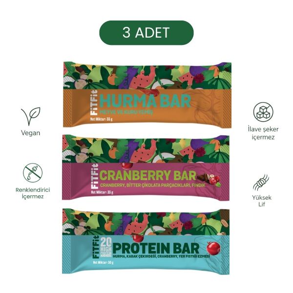 FitFit Meyve & Kuruyemiş Bar 3’lü Deneme Paketi | Hurma Bar – Protein Bar – Cranberry Bar