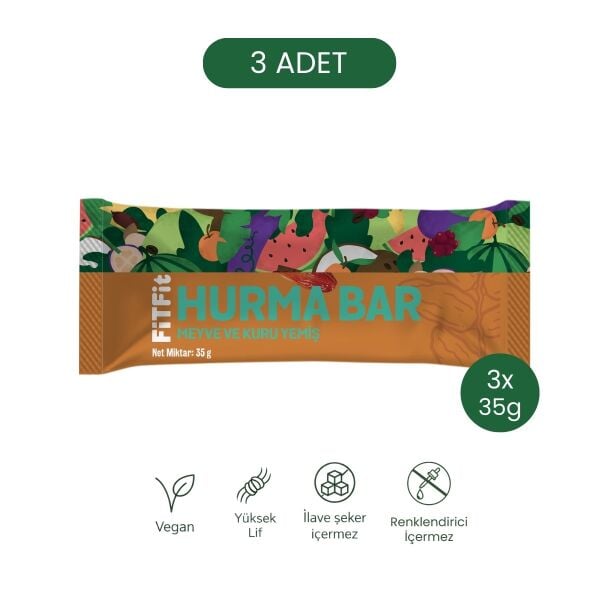 FitFit Fındık Badem ve Hurmalı Meyve Barı, Doğal Atıştırmalık 35GR X 3 ADET
