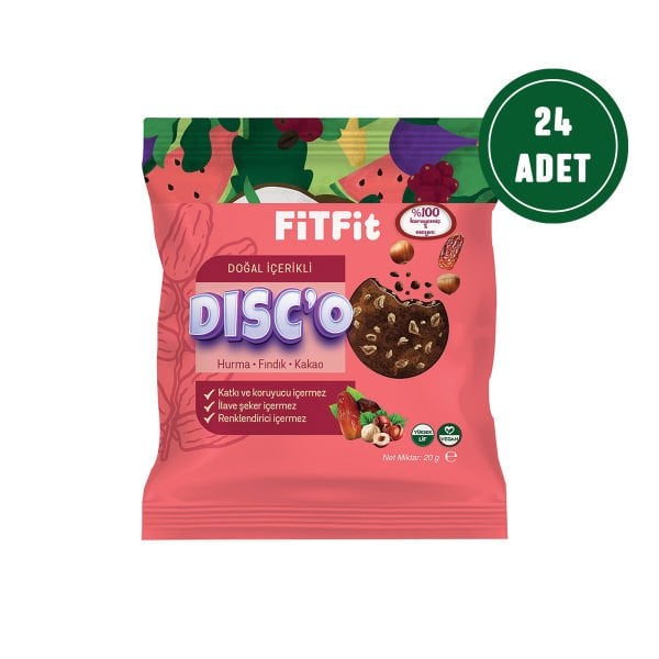 FitFit Disc'o Date Hazelnut Cocoa Fruit Disc Gluten Free, Natural Snack 20GR X 24 PIECES
