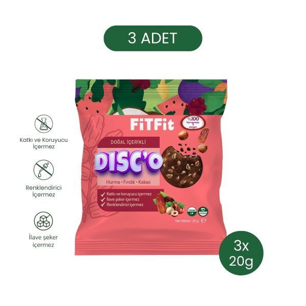 FiTFit Disc’o Hurma Fındık Kakao | Doğal Enerji Diski | Rafine Şekersiz & Katkısız 20 gr x 3 adet