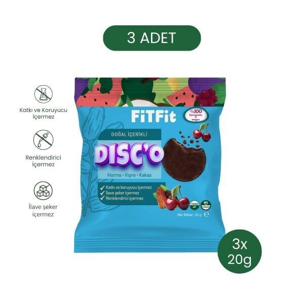 FitFit Disc'o Hurma Vişne Kakao Meyve Diski, Doğal Atıştırmalık 20GR X 3 ADET