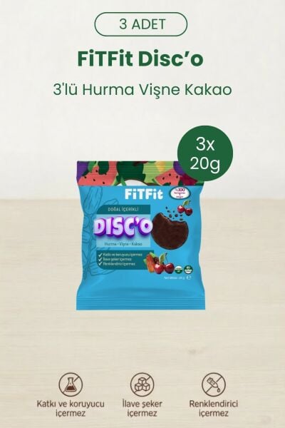 FitFit Disc'o Hurma Vişne Kakao Meyve Diski, Doğal Atıştırmalık 20GR X 3 ADET