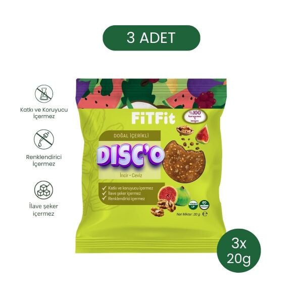 FiTFit Disc’o İncir Ceviz | %100 Doğal Meyve & Kuruyemiş | İlave Şekersiz Atıştırmalık 20 gr x 3