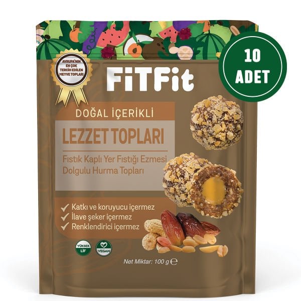 FitFit Peanut Coated Peanut Butter Filled Date Fruit Balls Gluten Free, Natural Snack 100GR X 5 PCS