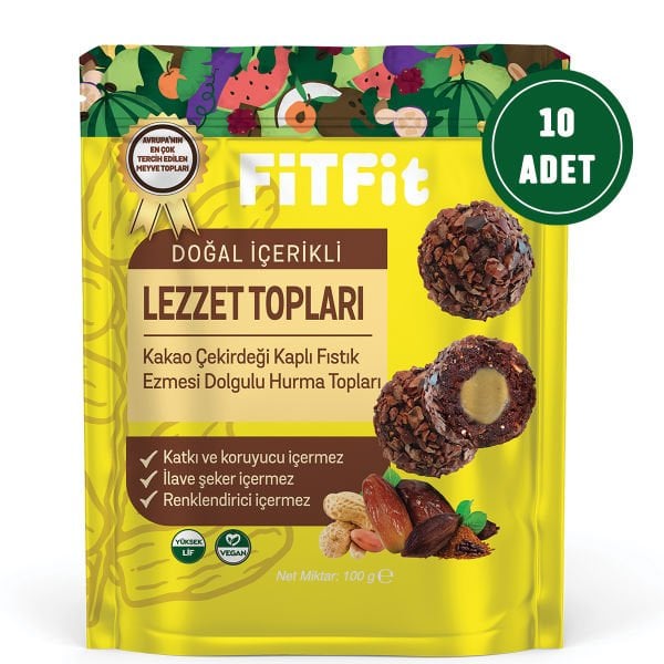 FitFit Cocoa Bean Coated Peanut Butter Filled Date Fruit Balls Gluten Free, Natural Snack 100GR X 5 PCS