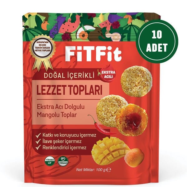 FitFit Coconut Coated Extra Hot Filled Mango Fruit Balls Gluten Free, Natural Snack 100GR X 5 PCS