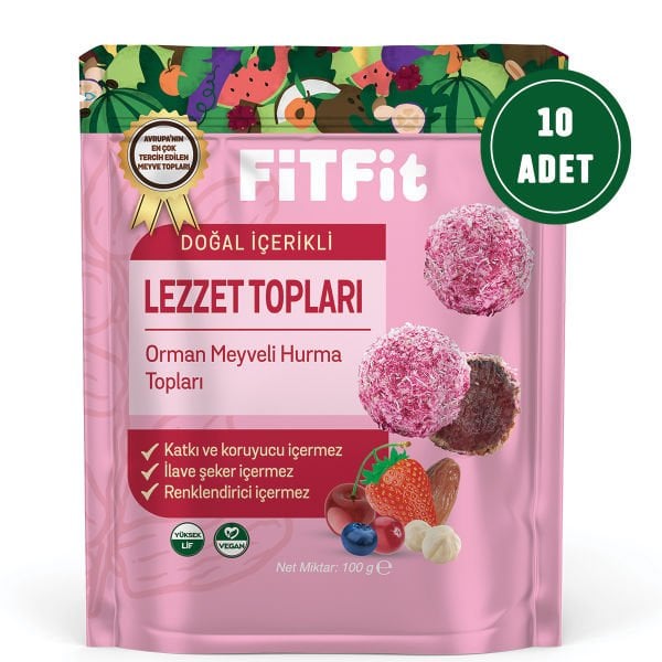 FitFit Date Fruit Balls with Coconut Coated Forest Fruit Gluten-Free, Natural Snack 100GR X 5 PCS