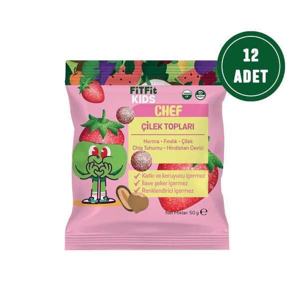 FitFit Kids Coconut Coated Strawberry Date Fruit Balls Gluten Free, Natural Snack 50GR X 15 PCS