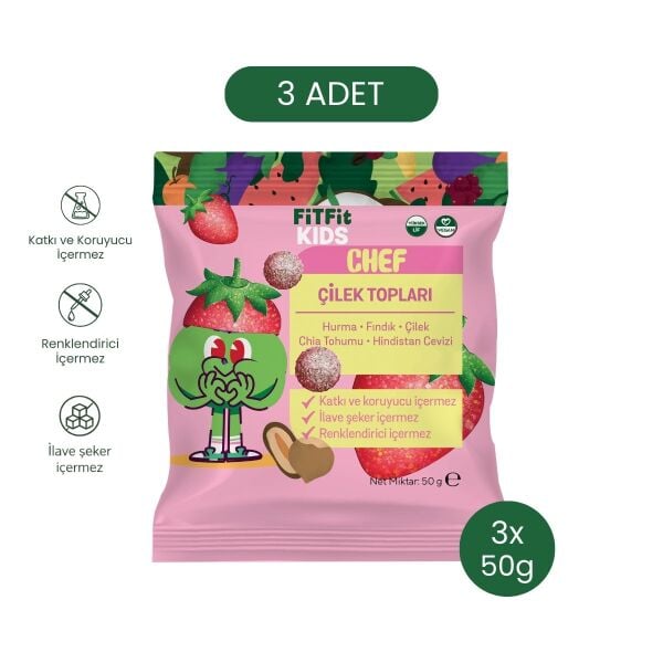 FitFit Çocuk Hindistan Cevizi Kaplı Çilekli Hurma Meyve Topları, Doğal Atıştırmalık 50GR X 3 ADET