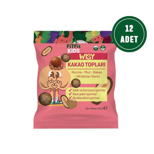 FitFit Çocuk Hindistan Cevizi Kaplı Muz Kakao Hurma Meyve Topları, Doğal Atıştırmalık 50GR X 12 ADET