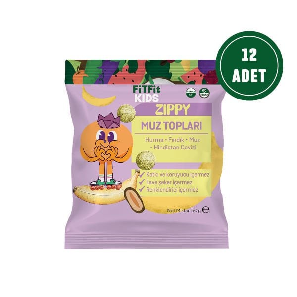 FitFit Çocuk Hindistan Cevizi Kaplı Muz Fındık Hurma Meyve Topları, Doğal Atıştırmalık 50GR X 12 ADET