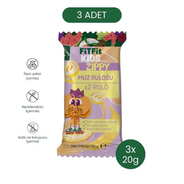 Kids Zippy Muz Rulosu | Doğal Muzlu Meyve Pestili x2 Rulo, Şekersiz, Katkısız Atıştırmalık 3x20g