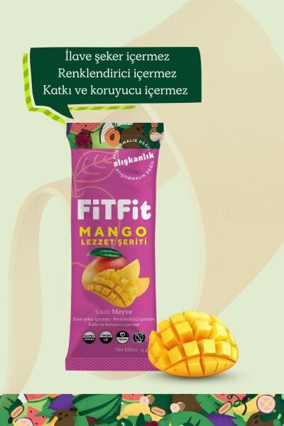 FiTFit Mango Lezzet Şeriti | Doğal Meyve Pestili Şekersiz Sağlıklı Atıştırmalık 14 gr x 6 Adet