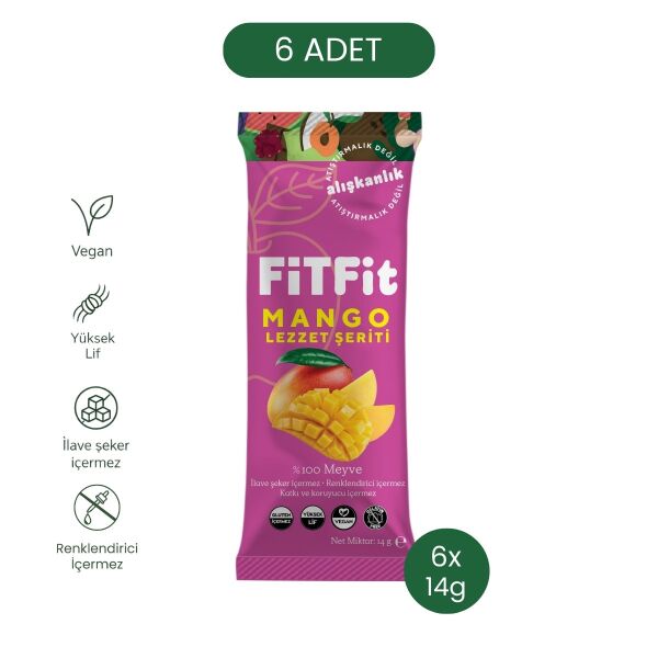FiTFit Mango Lezzet Şeriti | Doğal Meyve Pestili Şekersiz Sağlıklı Atıştırmalık 14 gr x 6 Adet