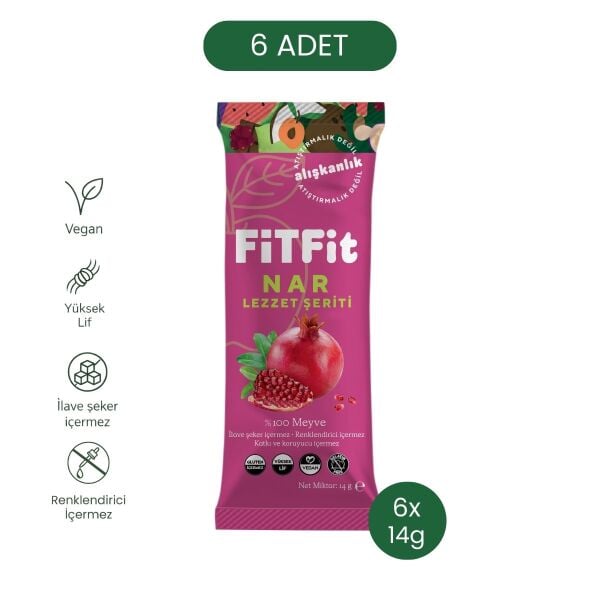 FiTFit Nar Lezzet Şeriti | Doğal Meyve Pestili Şekersiz Sağlıklı Atıştırmalık 14 gr x 6 Adet