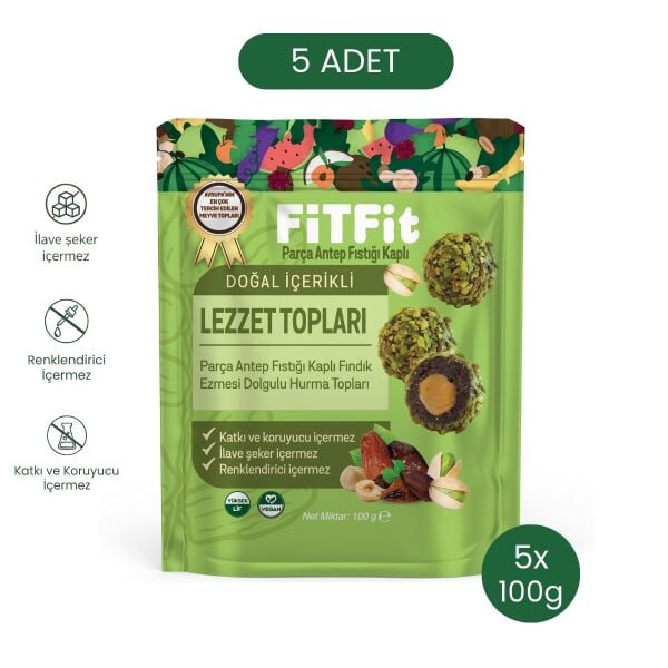 FiTFit Doğal İçerikli Lezzet Topları  Antep Fıstıklı Fındık Ezmesi Dolgulu Lezzet Topları 100 gr x 5