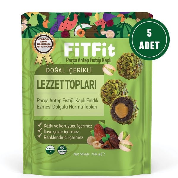 FitFit Antep Fıstıklı ve Hurmalı Meyve Topları Glutensiz, Doğal Atıştırmalık 100GR X 5 ADET