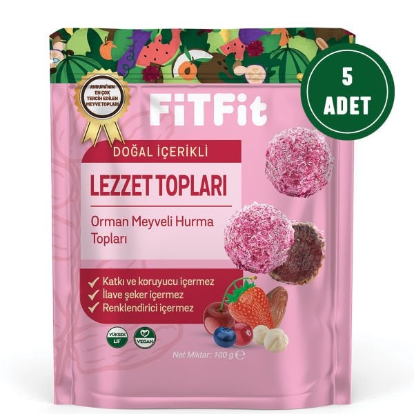 FitFit Hindistan Cevizi Kaplı Orman Meyveli Hurma Meyve Topları Glutensiz, Doğal Atıştırmalık 100GR X 5 ADET