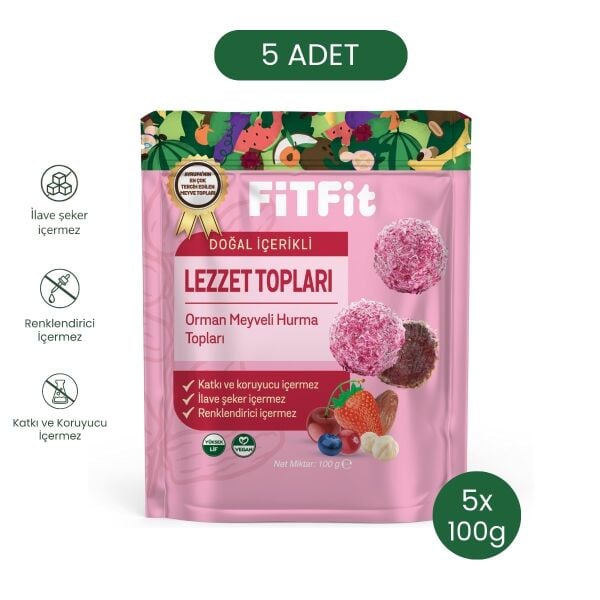FiTFit Doğal İçerikli Sağlıklı Lezzet Topları | Orman Meyveli Hurma Meyve Topları, 100 gr x 5 Adet