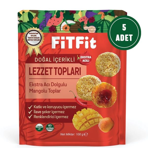 FitFit Hindistan Cevizi Kaplı Ekstra Acı Dolgulu Mangolu Meyve Topları Glutensiz, Doğal Atıştırmalık 100GR X 5 ADET