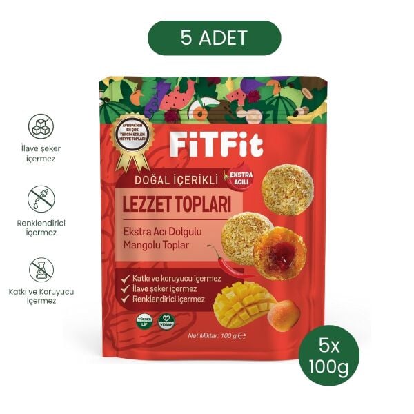 FiTFit Doğal İçerikli Lezzet Topları | Ekstra Acı Dolgulu Mangolu Hurma Meyve Topları 100 gr x 5 Ade