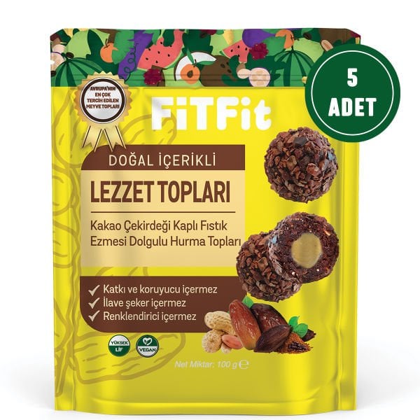 FitFit Kakao Çekirdeği Kaplı Fıstık Ezmesi Dolgulu Hurmalı Meyve Topları Glutensiz, Doğal Atıştırmalık 100GR X 5 ADET