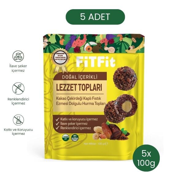 FiTFit Doğal İçerikli Lezzet Topları | Kakao Çekirdeği Kaplı Fıstık Ezmesi Dolgulu Hurma Topları 100