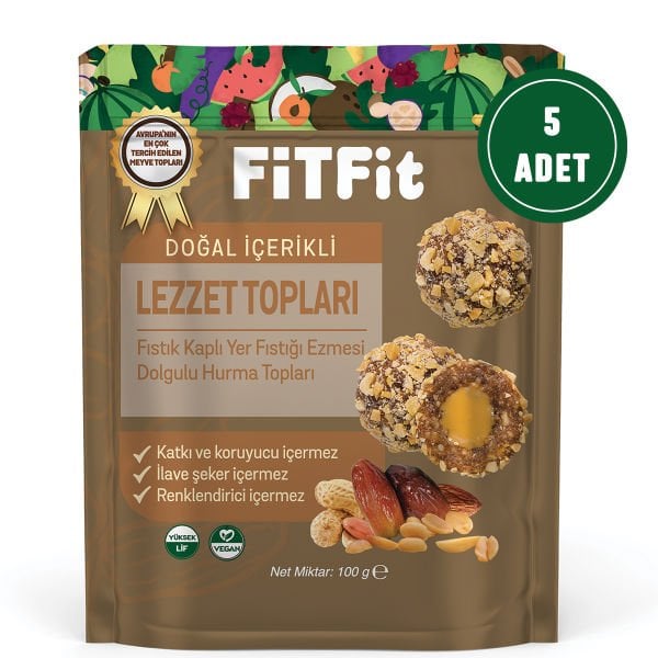 FitFit Fıstık Kaplı Yer Fıstığı Ezmesi Dolgulu Hurmalı Meyve Topları Glutensiz, Doğal Atıştırmalık 100GR X 5 ADET