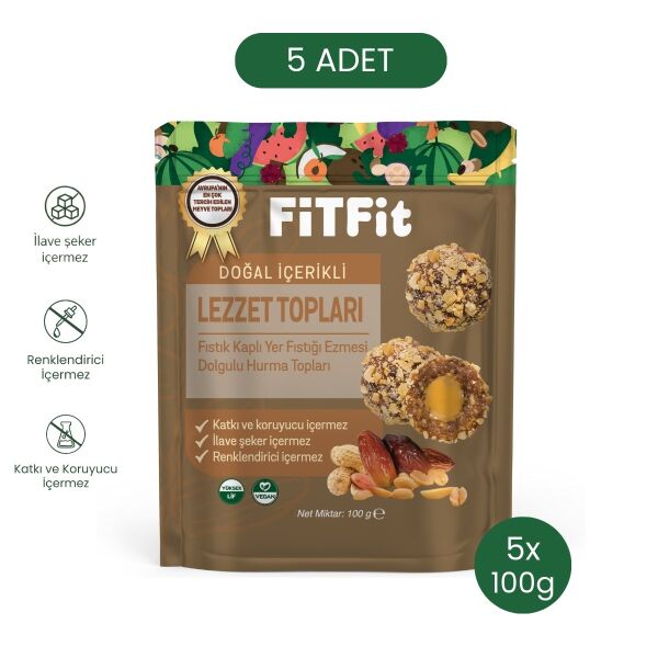 FiTFit Doğal İçerikli Lezzet Topları | Fıstık Kaplı Yer Fıstığı Ezmesi Dolgulu Hurma Topları 100 gr