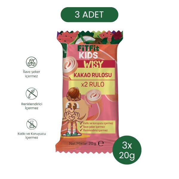 FitFit Çocuk Kakao ve Meyve Pestili Glutensiz ve Doğal Meyve Atıştırmalığı 20GR X 3 ADET