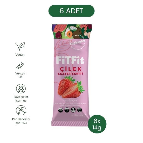 FiTFit Çilek Lezzet Şeriti | Doğal Meyve Pestili Şekersiz Sağlıklı Atıştırmalık 14 gr x 6 Adet