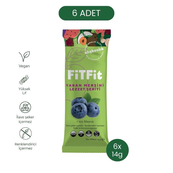 FiTFit Yaban Mersini Lezzet Şeriti | Doğal Meyve Pestili Şekersiz Sağlıklı Atıştırmalık 14 gr x 6 Ad