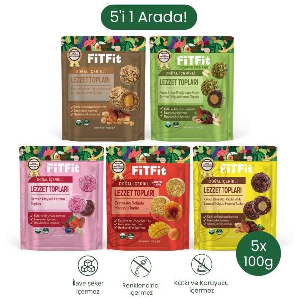 Lezzet Topu Mix Paket Dolgulu Hurma Meyve Topları Doğal Sağlıklı Atıştırmalık 5x100g