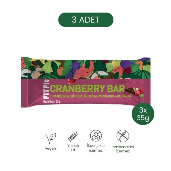 Cranberry Bar | Bitter Çikolatalı Fındıklı, İlave Şekersiz Atıştırmalık 35 g x 3 Ad
