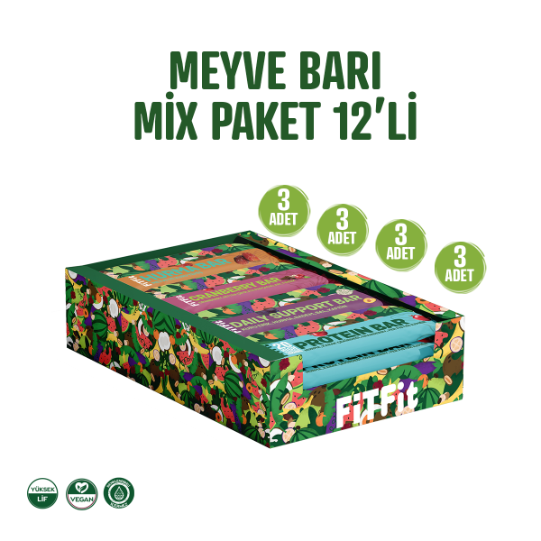 FitFit Meyve Barı Mix Paket Yüksek Proteinli, Glutensiz, Doğal ve Sağlıklı Atıştırmalık 12 ADET