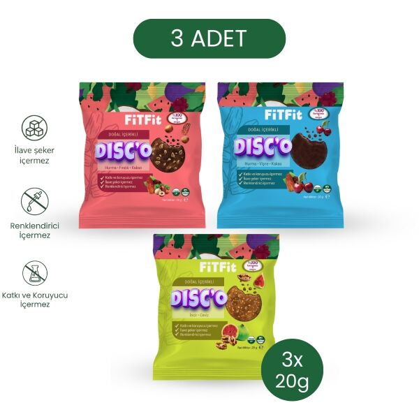 FiTFit Disc’o Mix Paket Meyve Diski 3’lü | Doğal, Rafine Şekersiz ve Katkısız Atıştırmalık 20 gr x 3