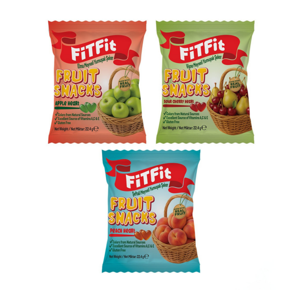 FiTFit Fruit Snacks Şeftali, Elma ve Vişne Meyveli Yumuşak Şeker, Vitaminli Meyve Atıştırmalığı, 22.4 gr x 3 Paket