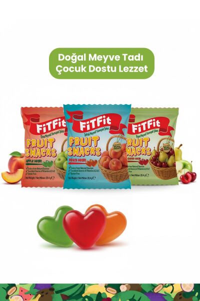 FiTFit Fruit Snacks Şeftali, Elma ve Vişne Meyveli Yumuşak Şeker, Vitaminli Meyve Atıştırmalığı, 22.