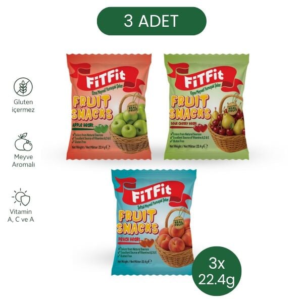 FiTFit Fruit Snacks Şeftali, Elma ve Vişne Meyveli Yumuşak Şeker, Vitaminli Meyve Atıştırmalığı, 22.