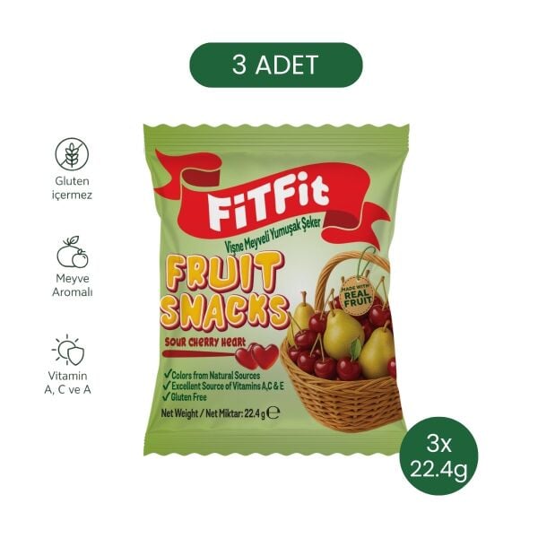 FiTFiT Fruit Snacks Vişne Meyveli Yumuşak Şeker - Gerçek Meyve Özlü, Glütensiz ve Vitaminli 22.4g x3