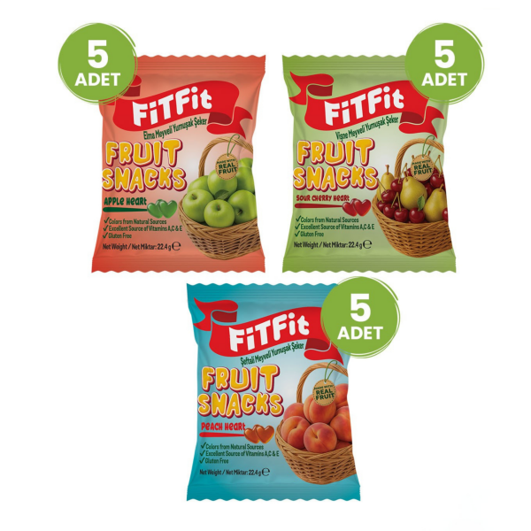 FiTFit Fruit Snacks Şeftali, Elma ve Vişne Meyveli Yumuşak Şeker, Vitaminli Meyve Atıştırmalığı, 22.4 gr x 15 Paket